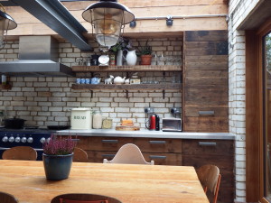 Reclaimed wood and bricks in kitchen